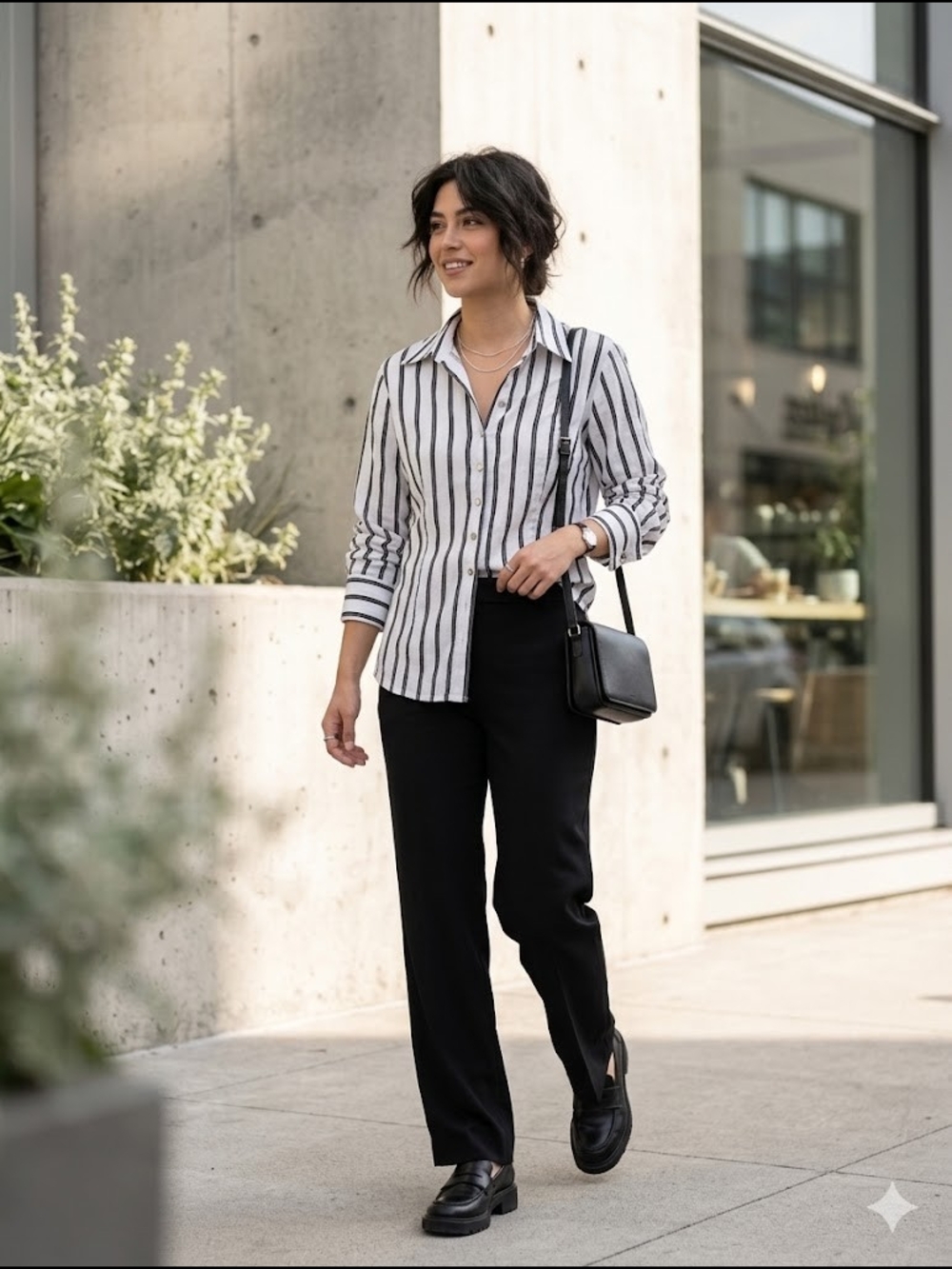 Planet Black & White Striped French Cuff Blouse